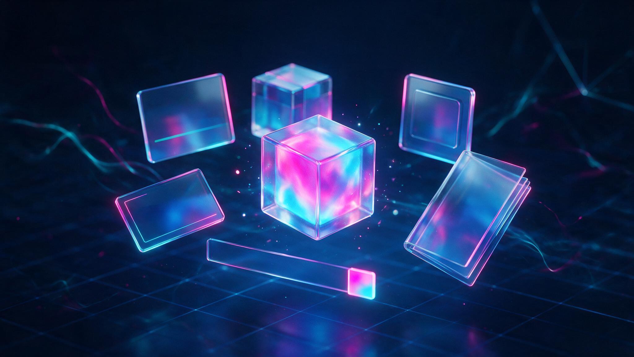 Brand collateral design assets arranged around a glowing cube