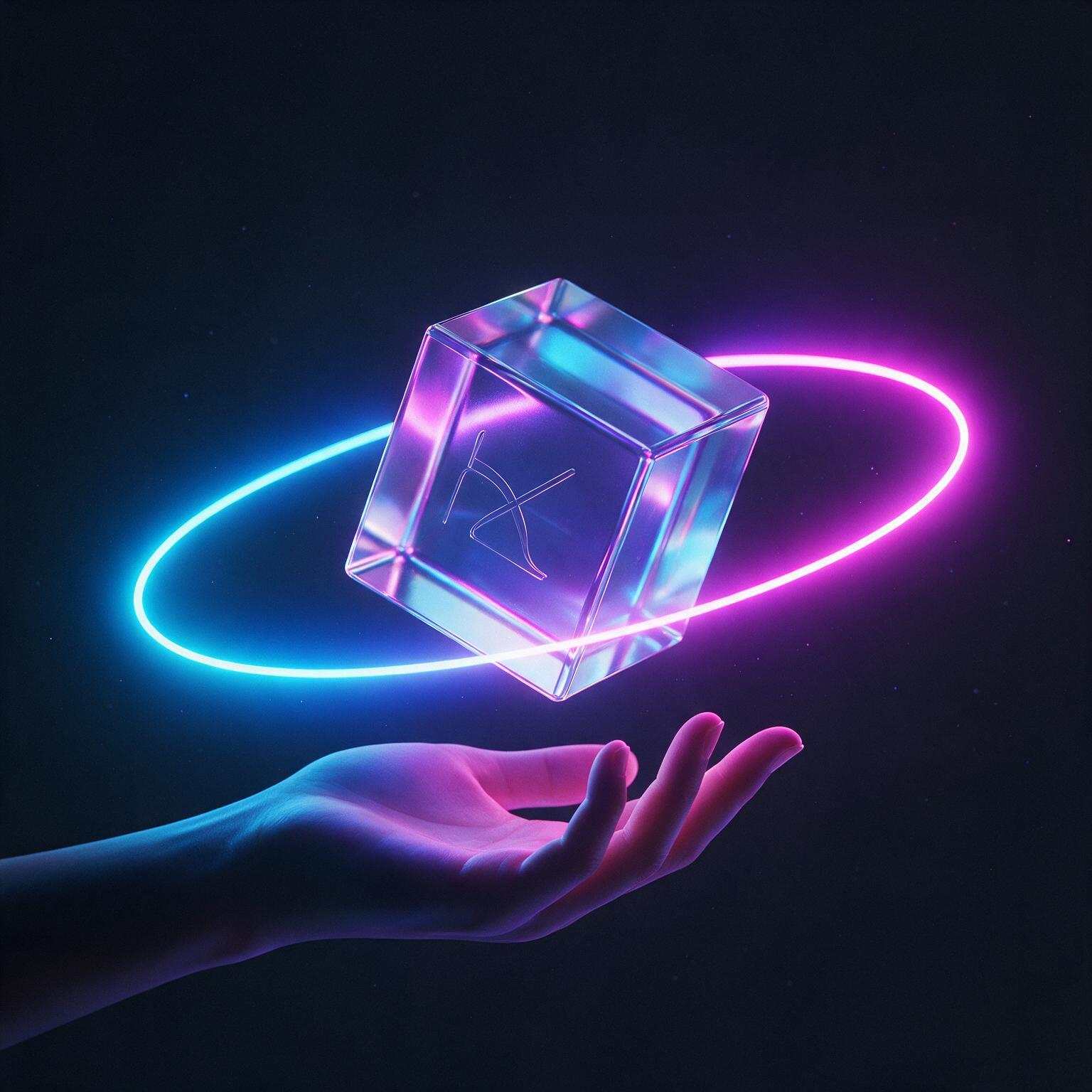 Minimal neon glass brand cube held above a hand