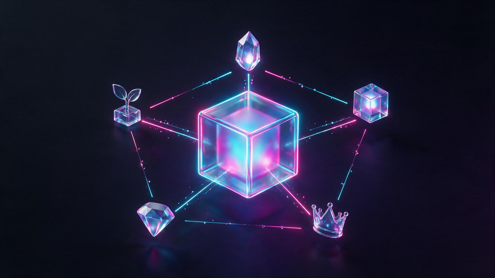 Neon glass brand cube connecting trust recognition loyalty and growth signals