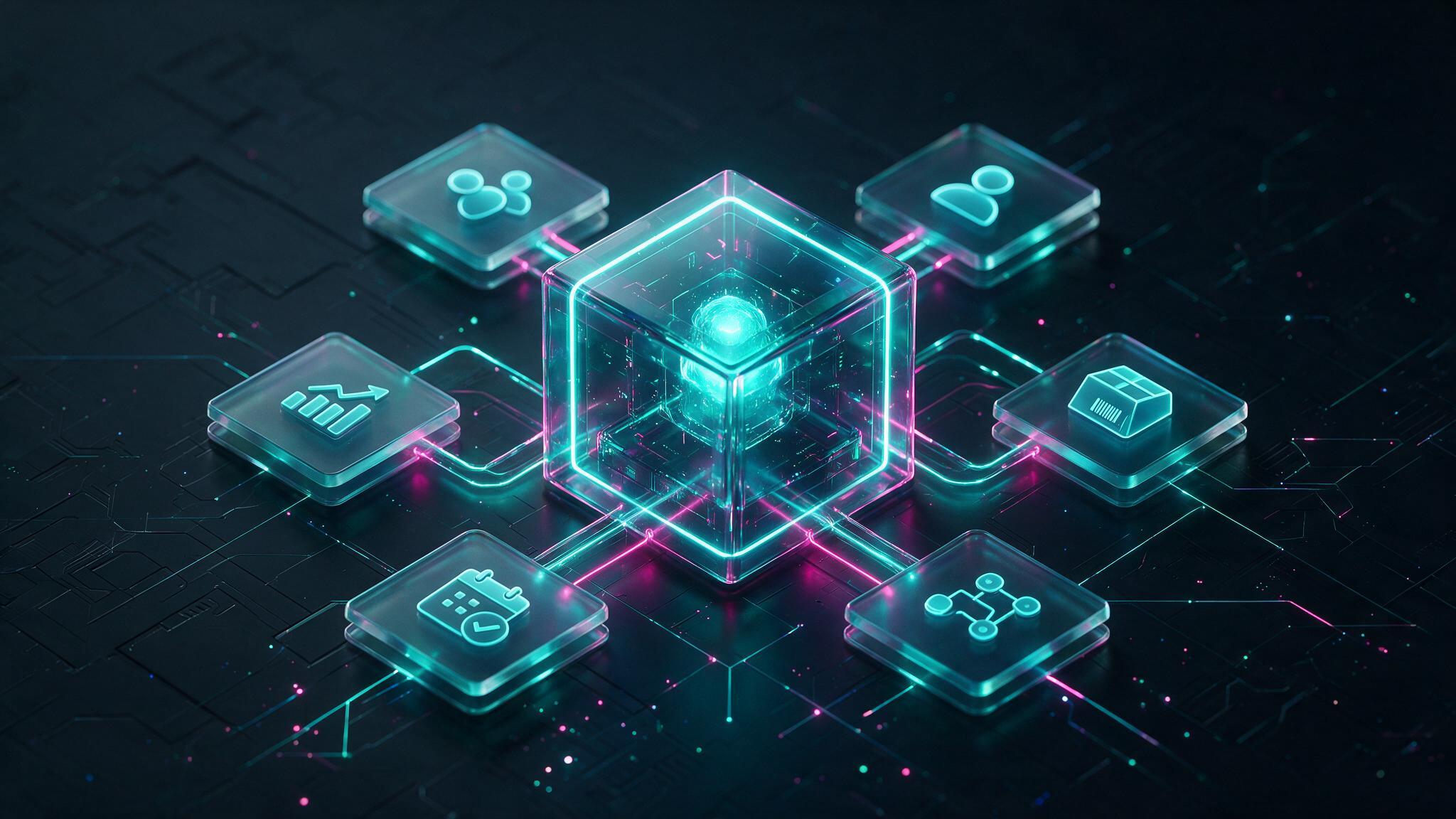 Business automation solutions connected around a central glass system cube