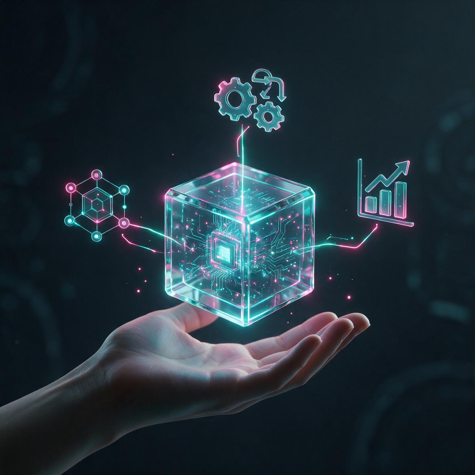 Minimal glass automation cube showing digital workflow systems