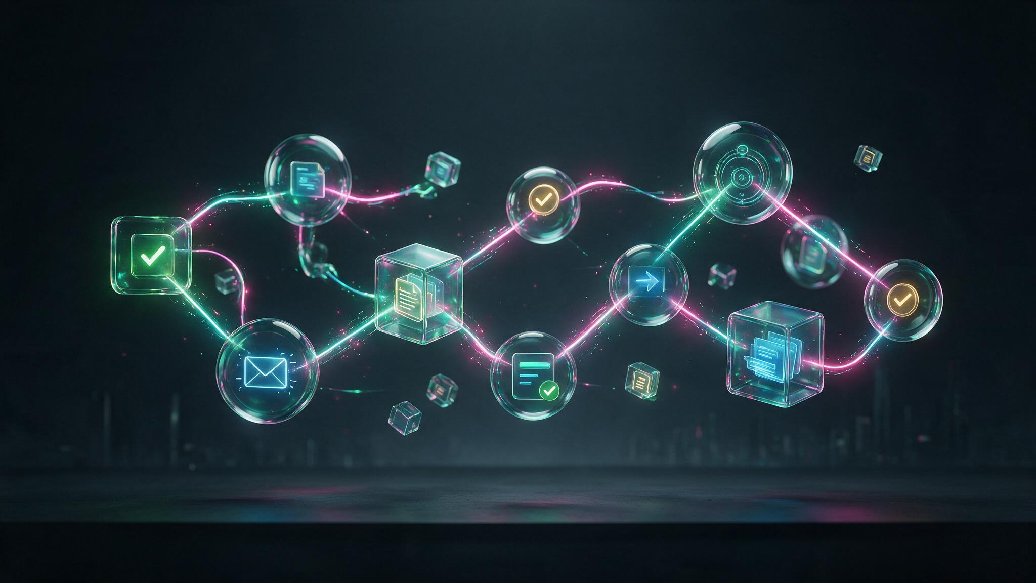 Workflow automation nodes connected through a neon digital path