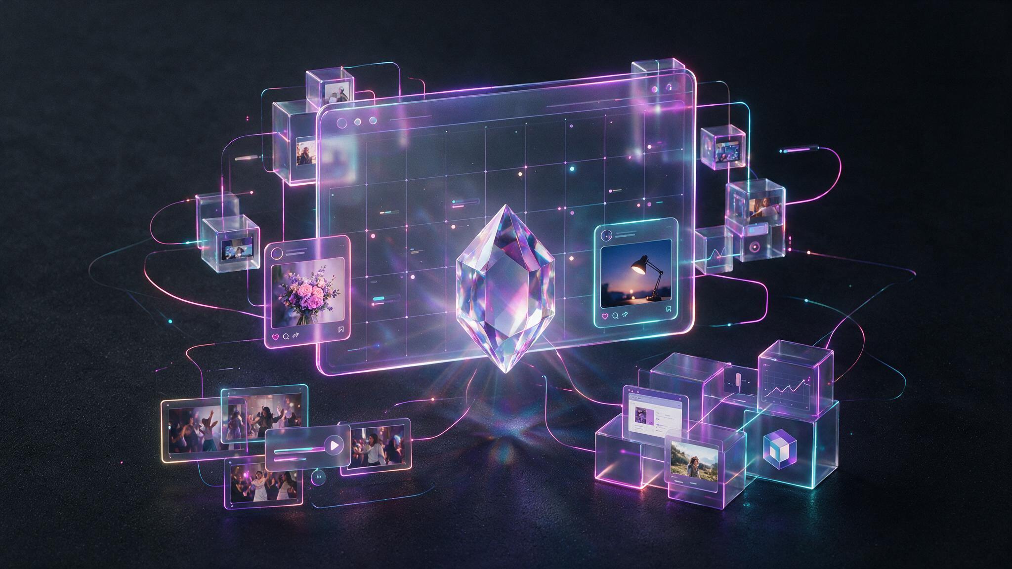Creative content production system with violet glass media panels