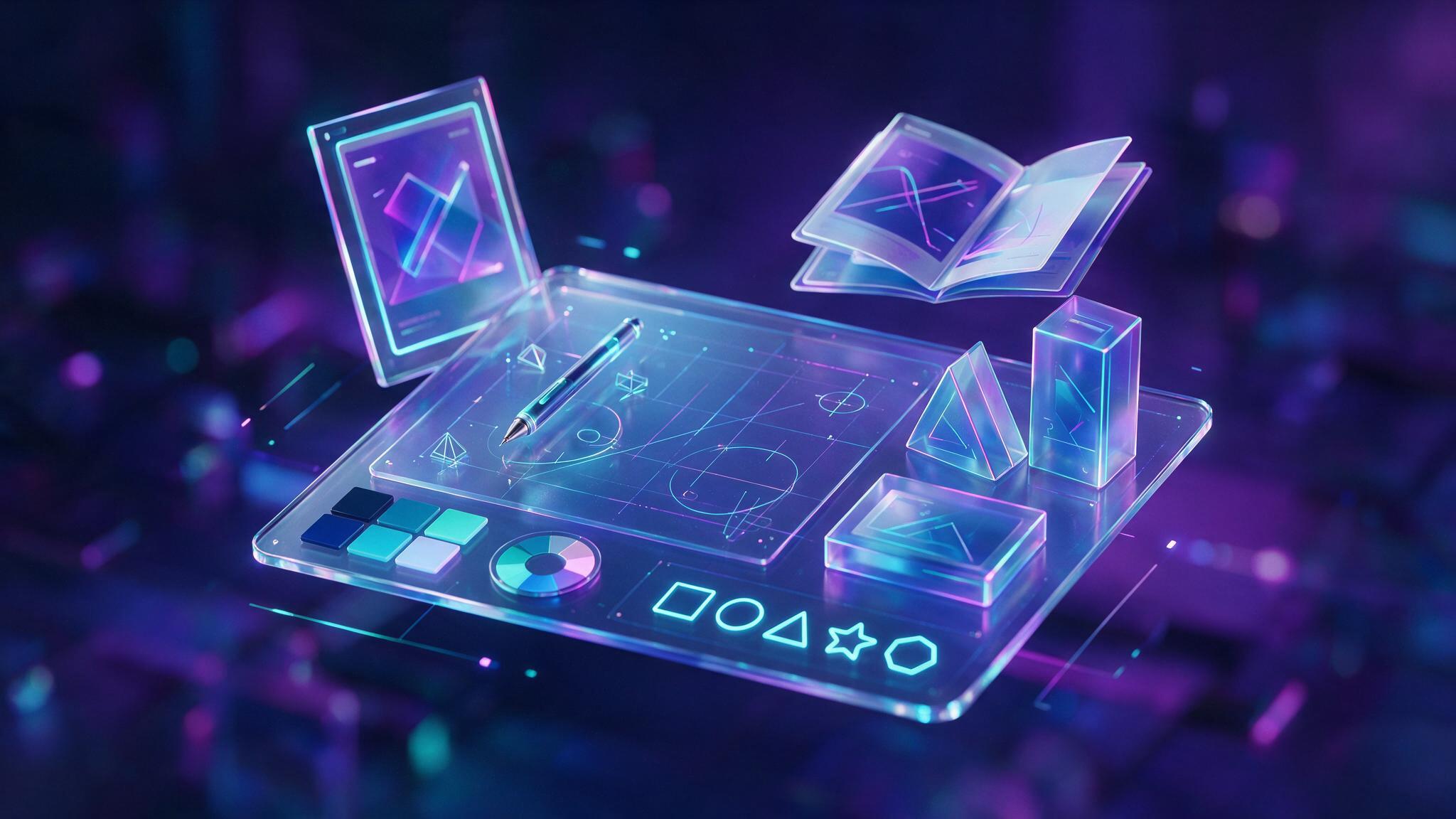 Graphic design workspace with cyan glass layouts and tools