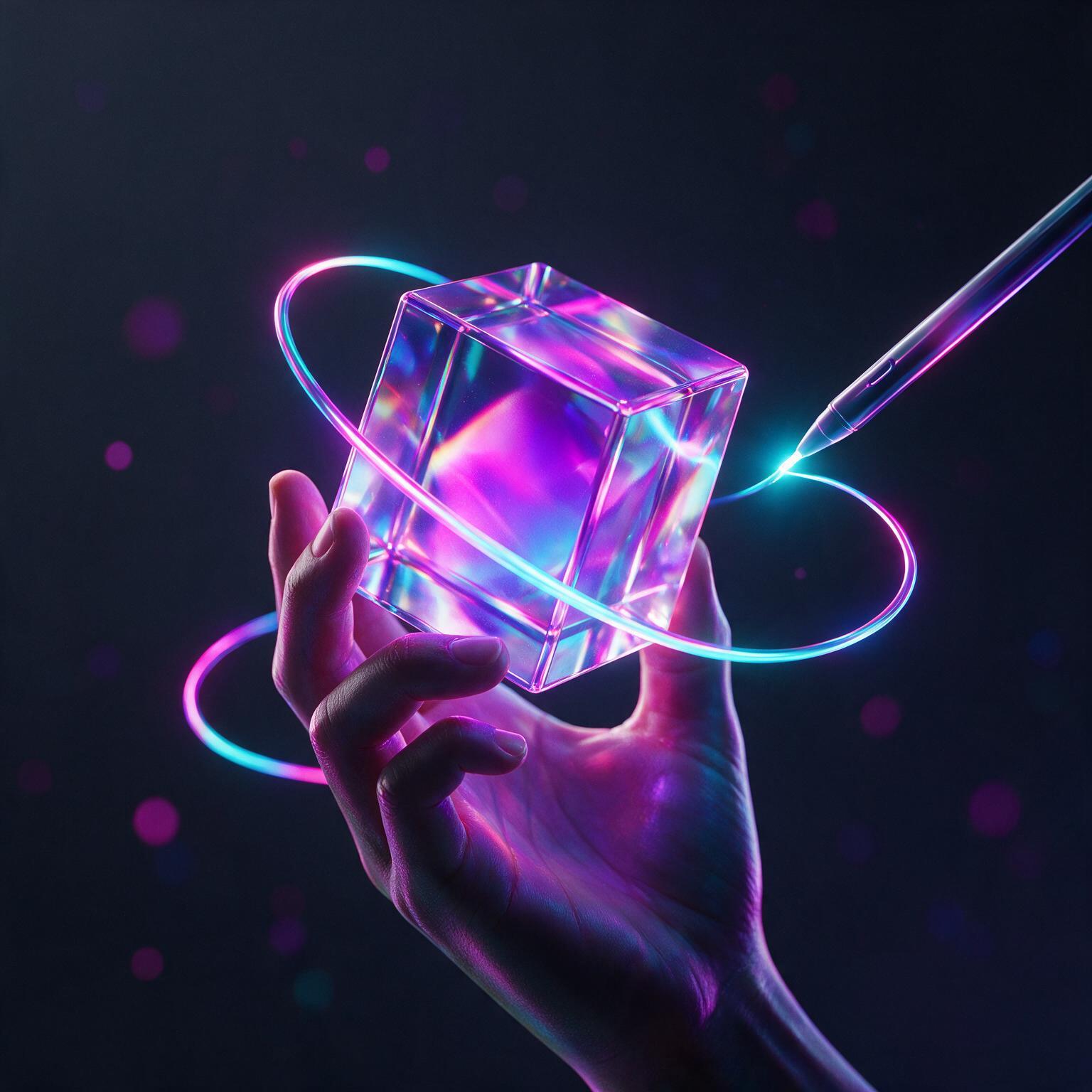 Minimal neon glass brand cube drawn with a digital stylus