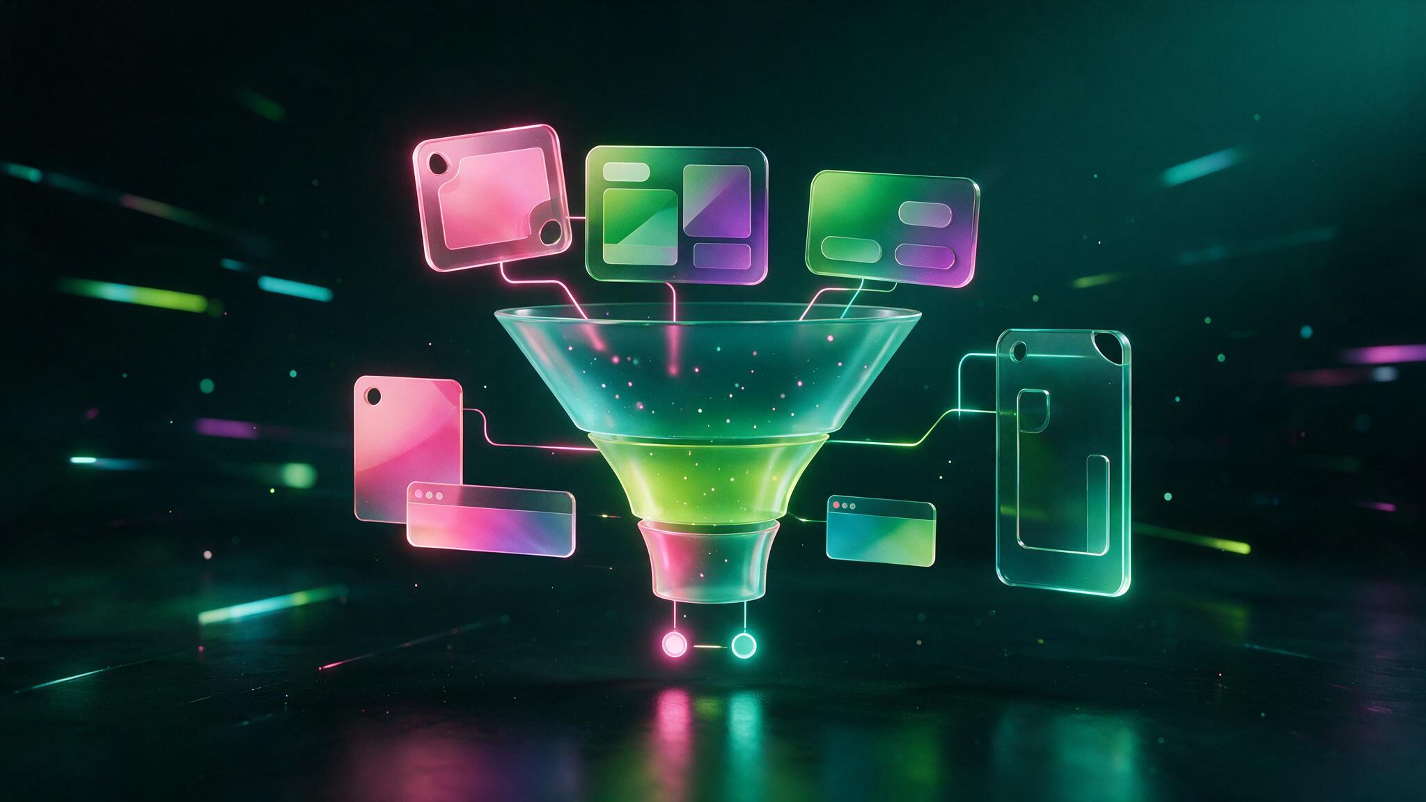 Marketing creative funnel with green neon campaign cards
