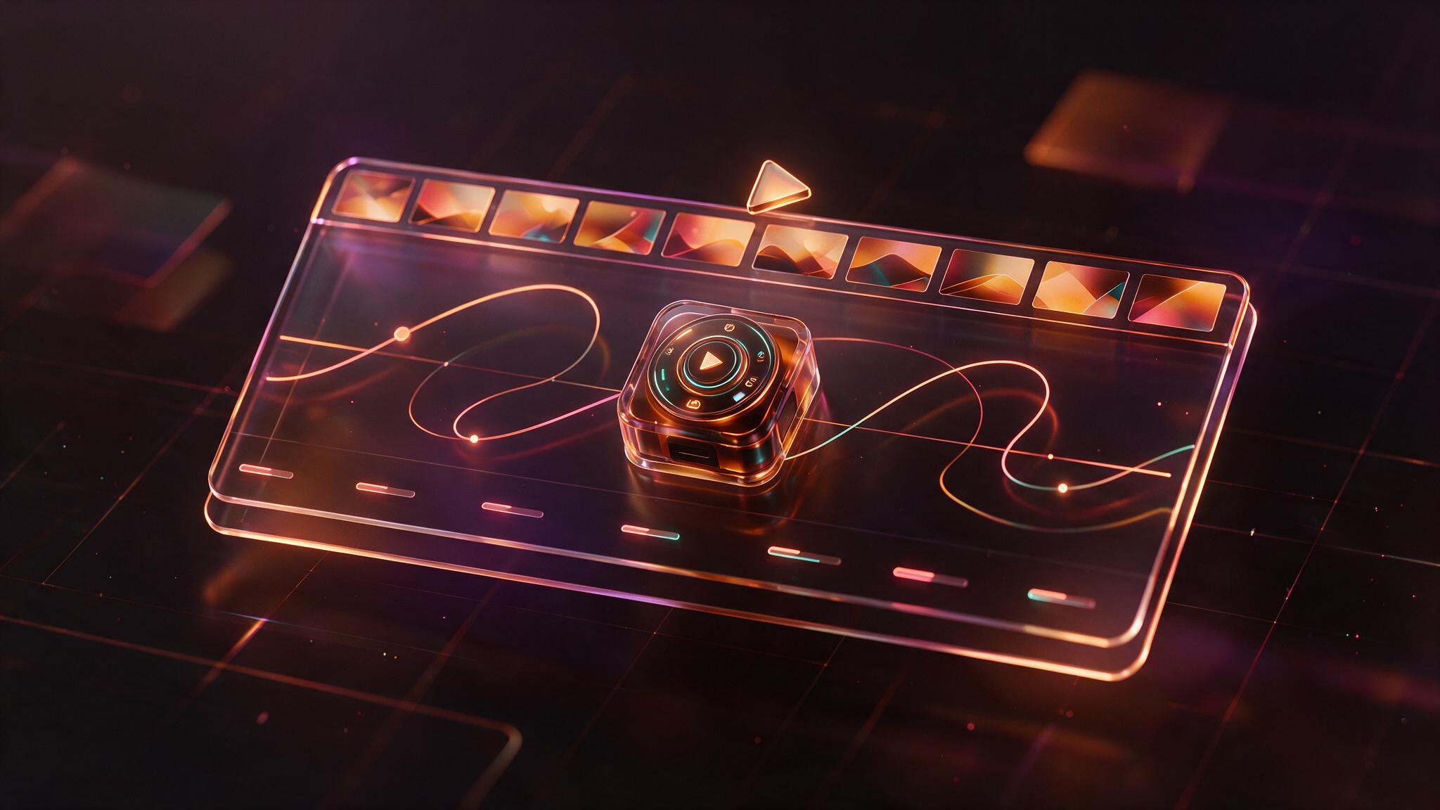 Video editing and motion graphics timeline in warm neon glass