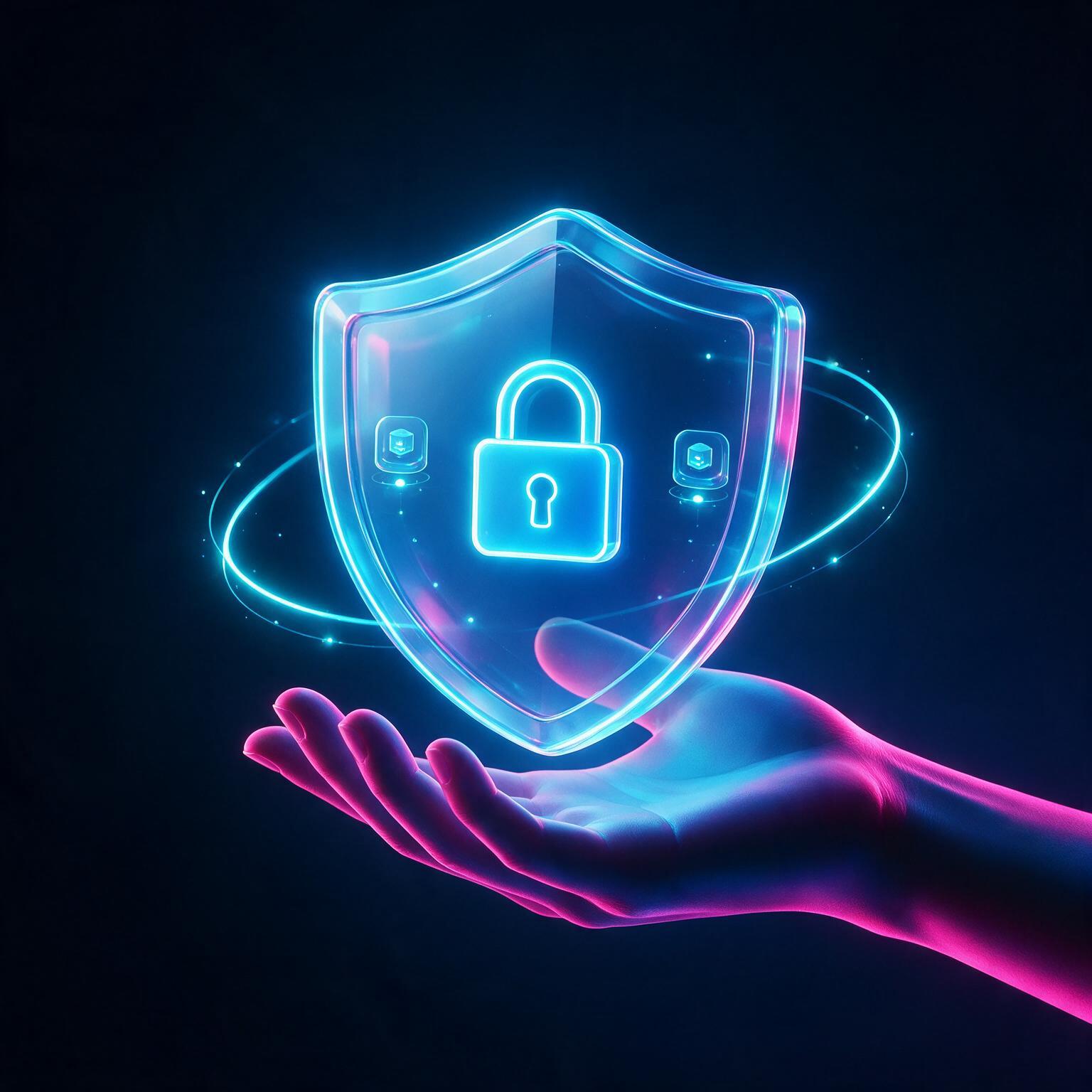 Minimal neon glass cybersecurity shield held above a hand