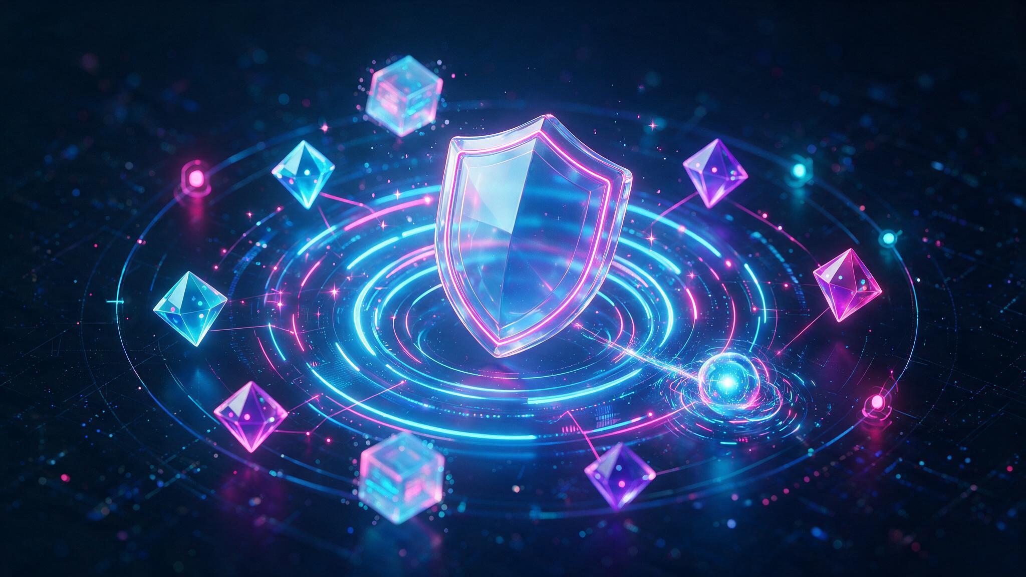 Ongoing security monitoring shield with neon support orbit