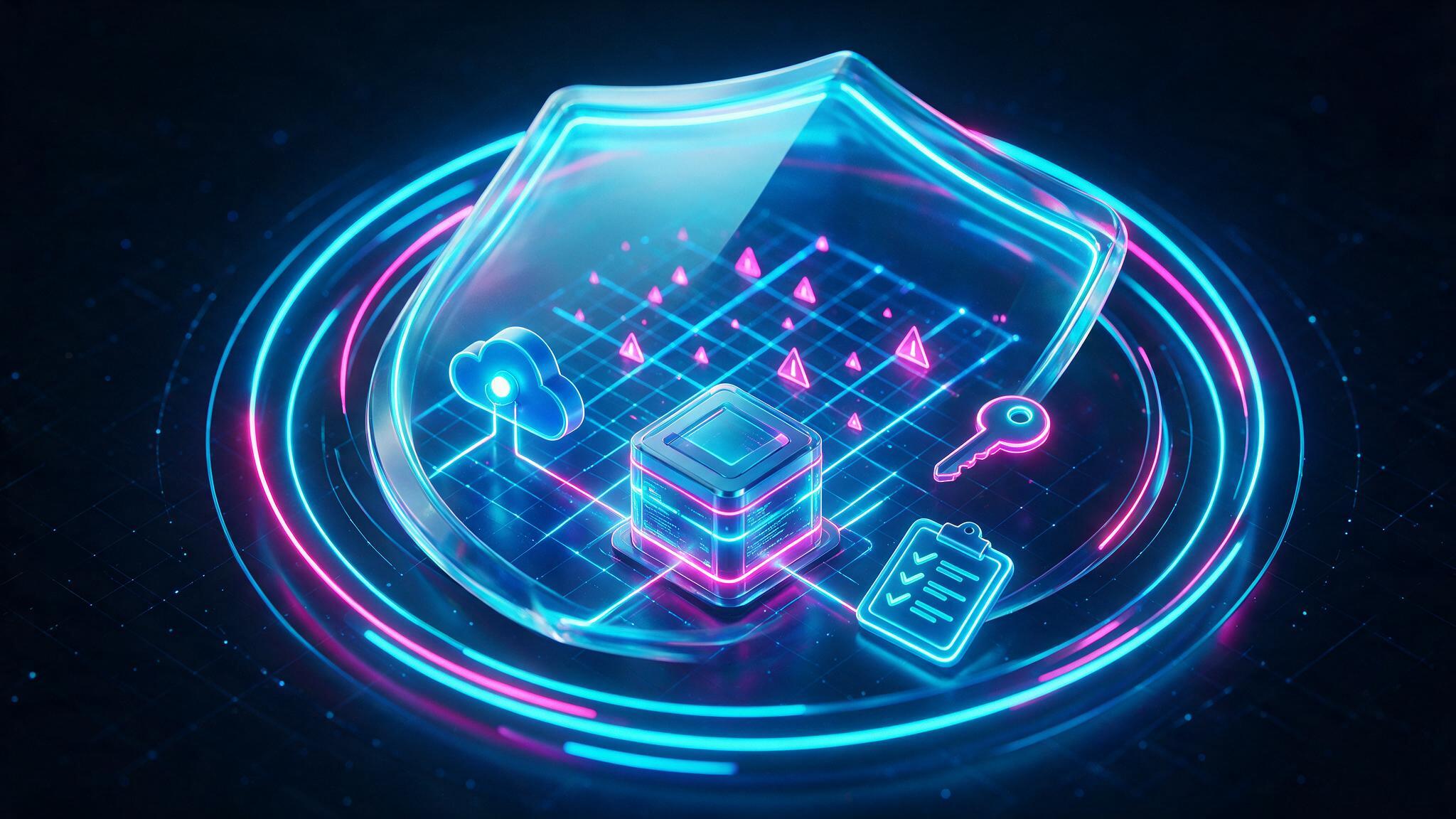 Security audit and vulnerability assessment shield over scan grid