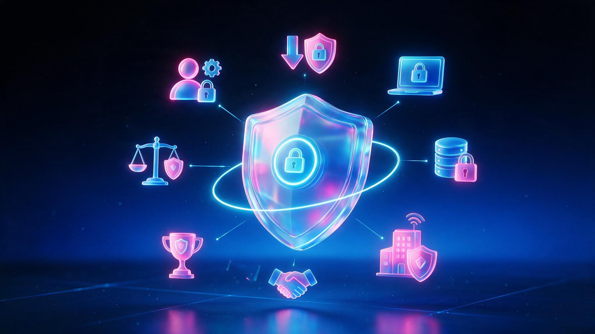 Cybersecurity benefits shown through a protective shield and trust signals