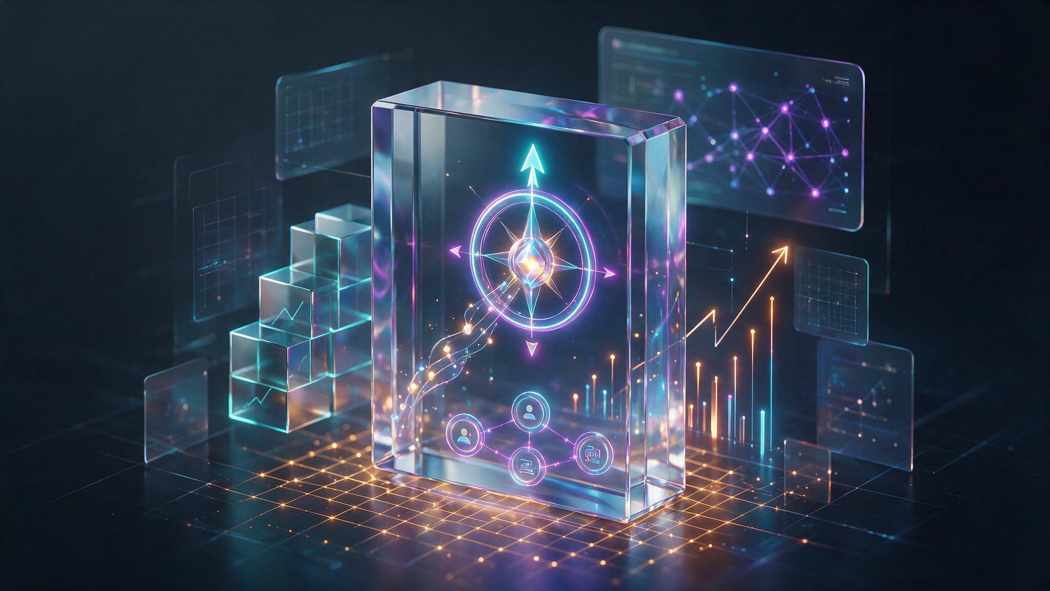 Business growth strategy compass inside a glass analytics cube