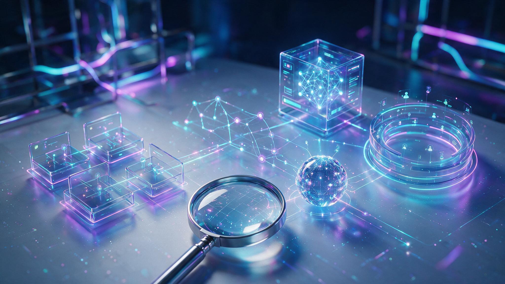 Digital transformation consulting ecosystem with magnifier and connected systems