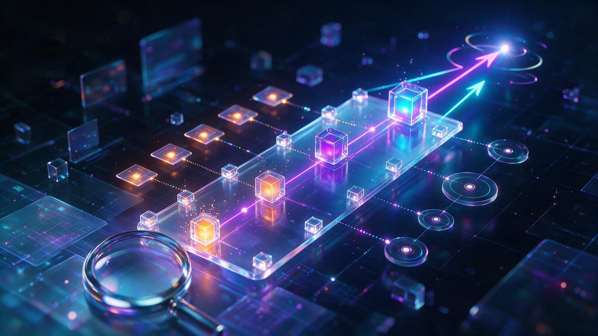 Growth roadmap development with neon milestone path and magnifier