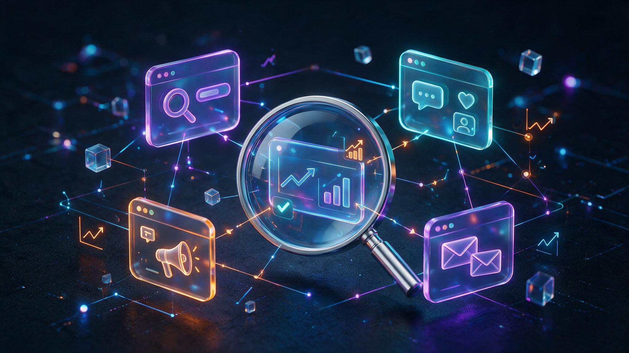 Digital marketing audit channels inspected through a neon magnifier