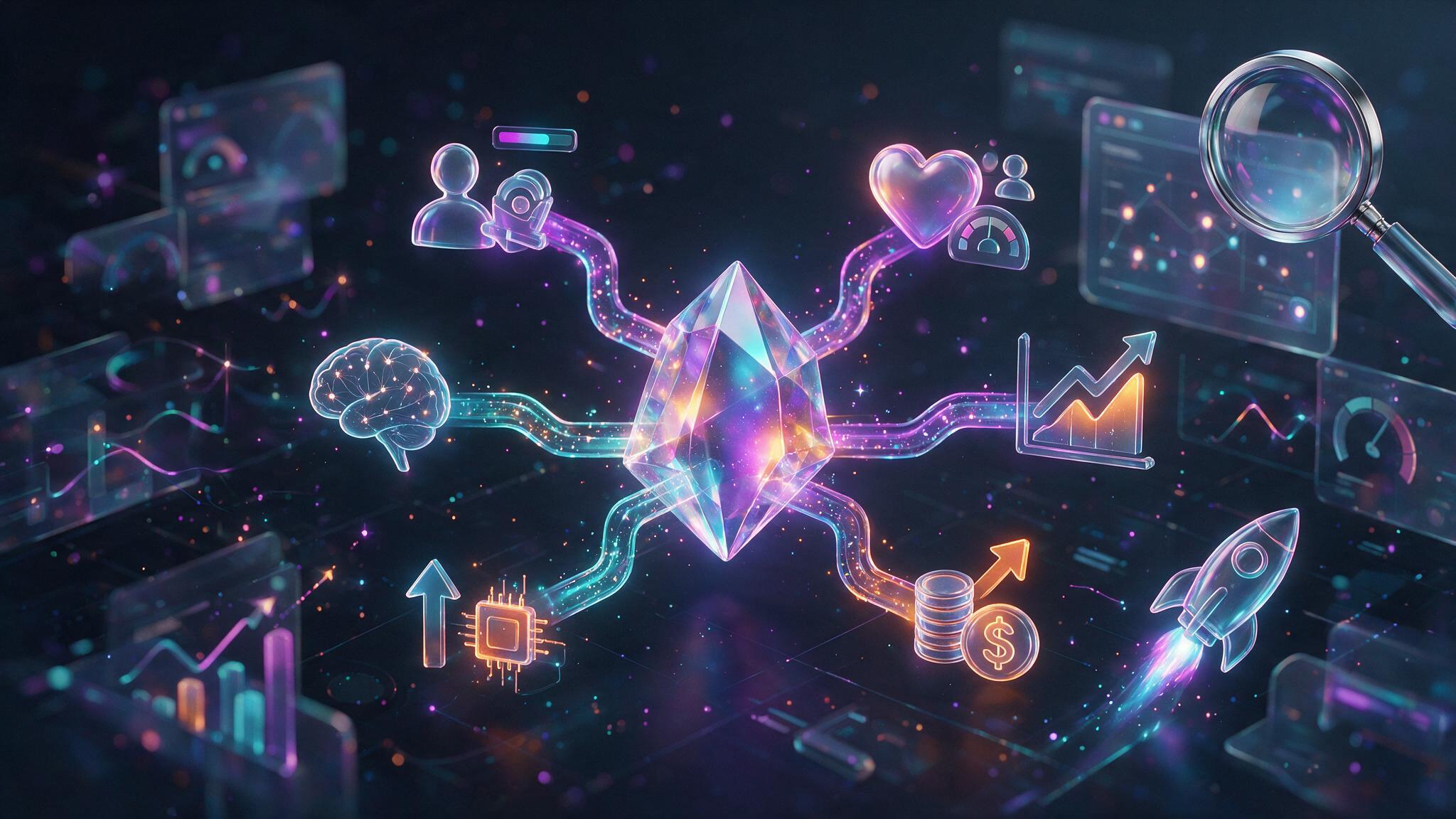 Digital growth consulting benefits connected around a glass insight prism