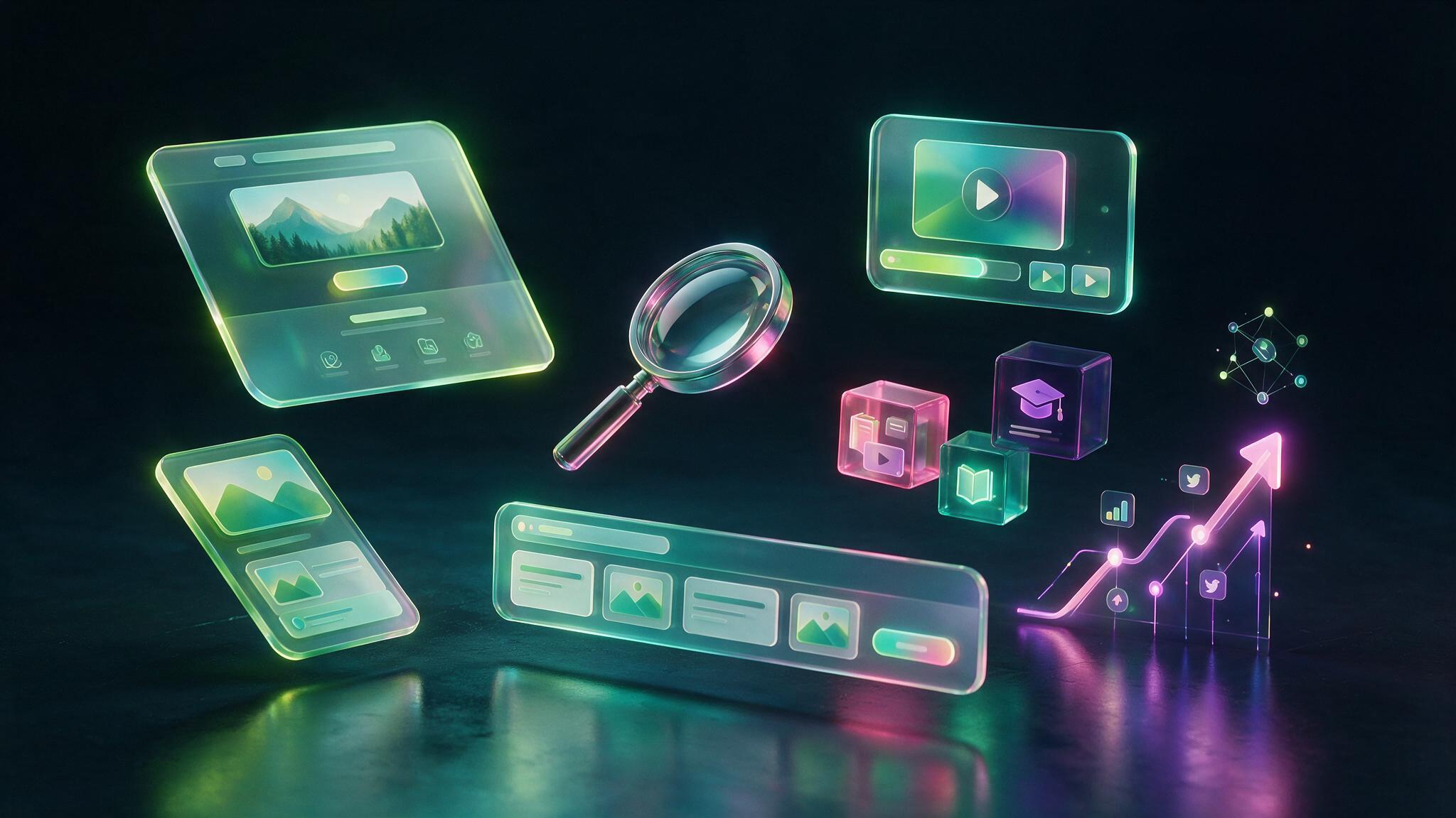 Content marketing planning cards with glowing media and publishing assets