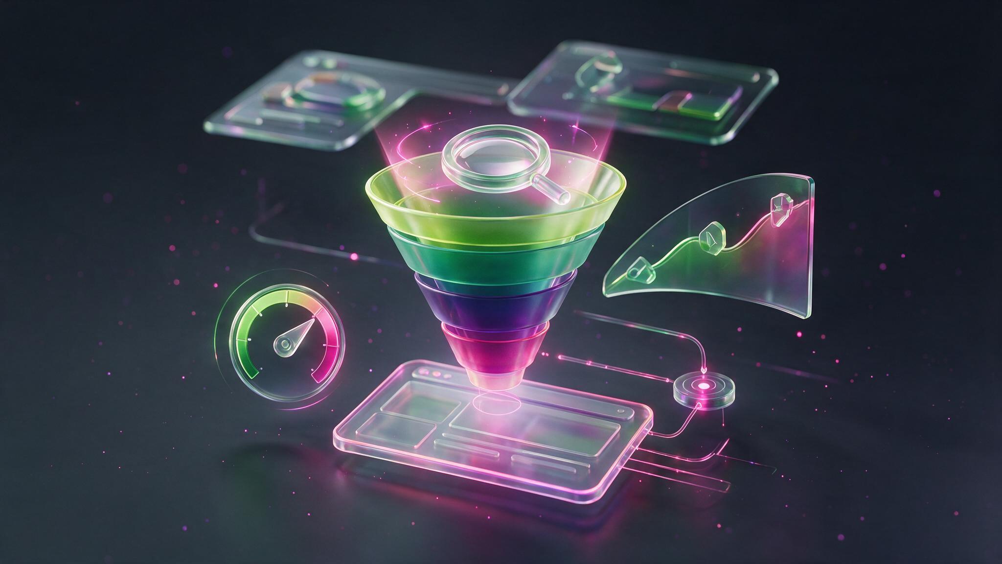 Google Ads funnel visual with campaign cards and conversion data