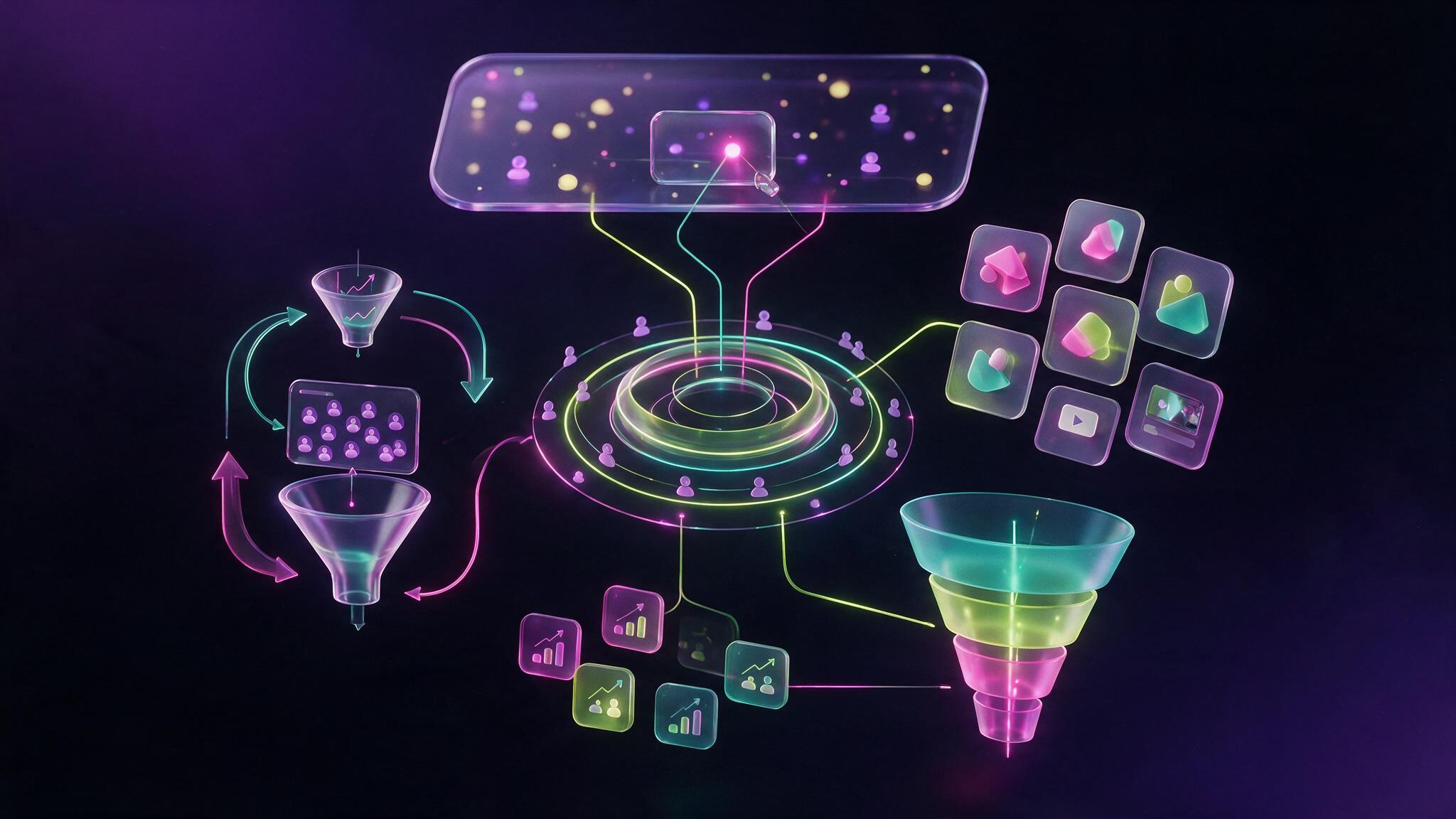 Meta ads audience targeting and campaign creative system in neon glass style