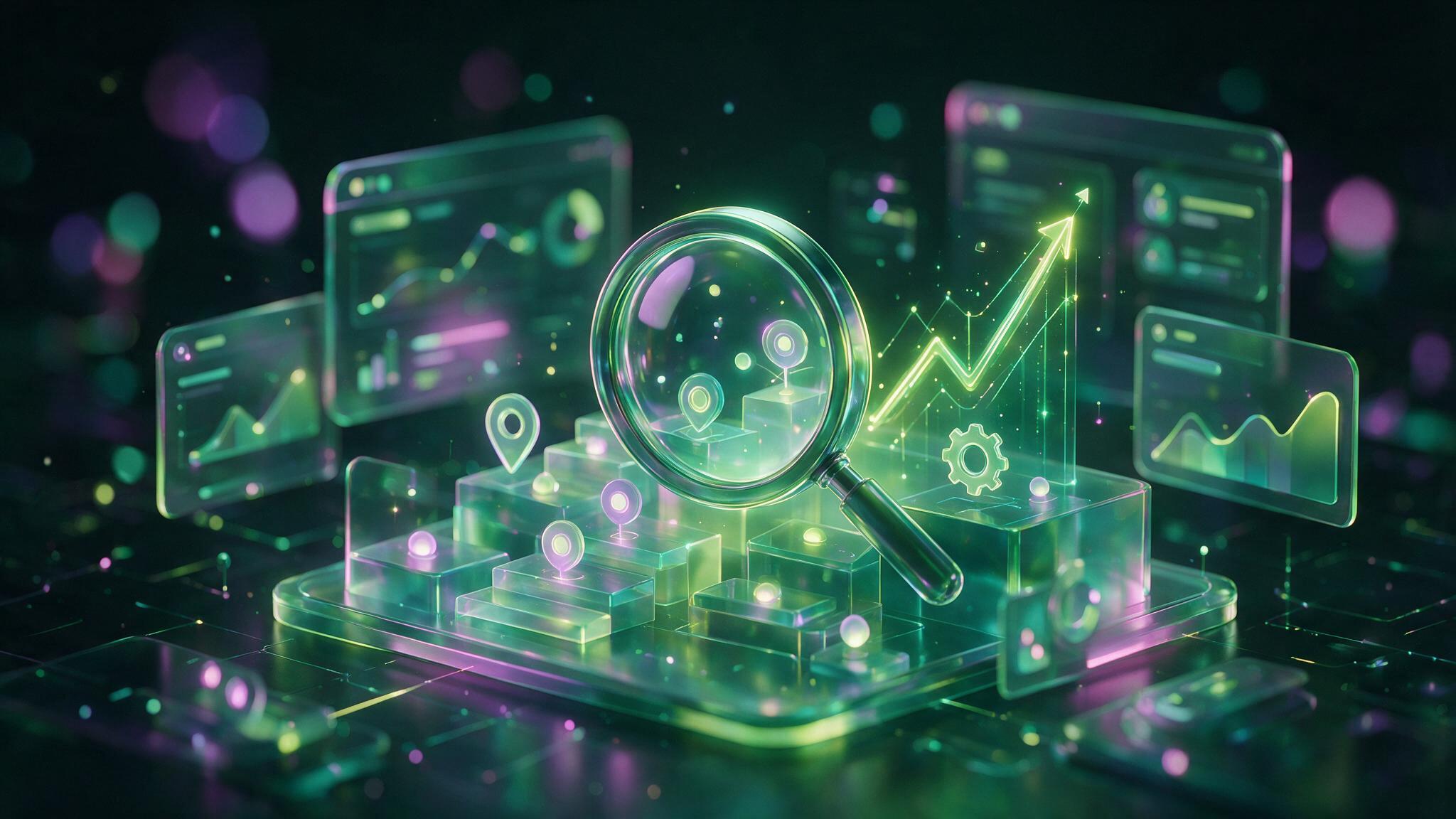 Neon SEO analytics dashboard with search visibility growth signals