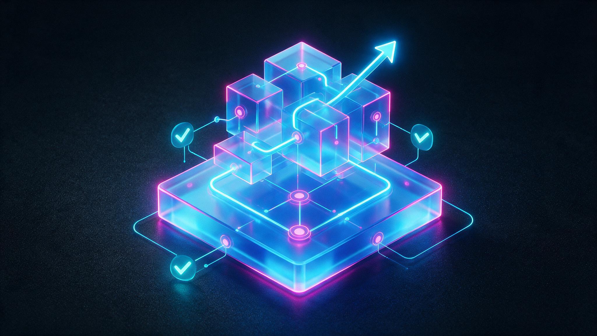Instructional design framework shown as glowing structured curriculum blocks
