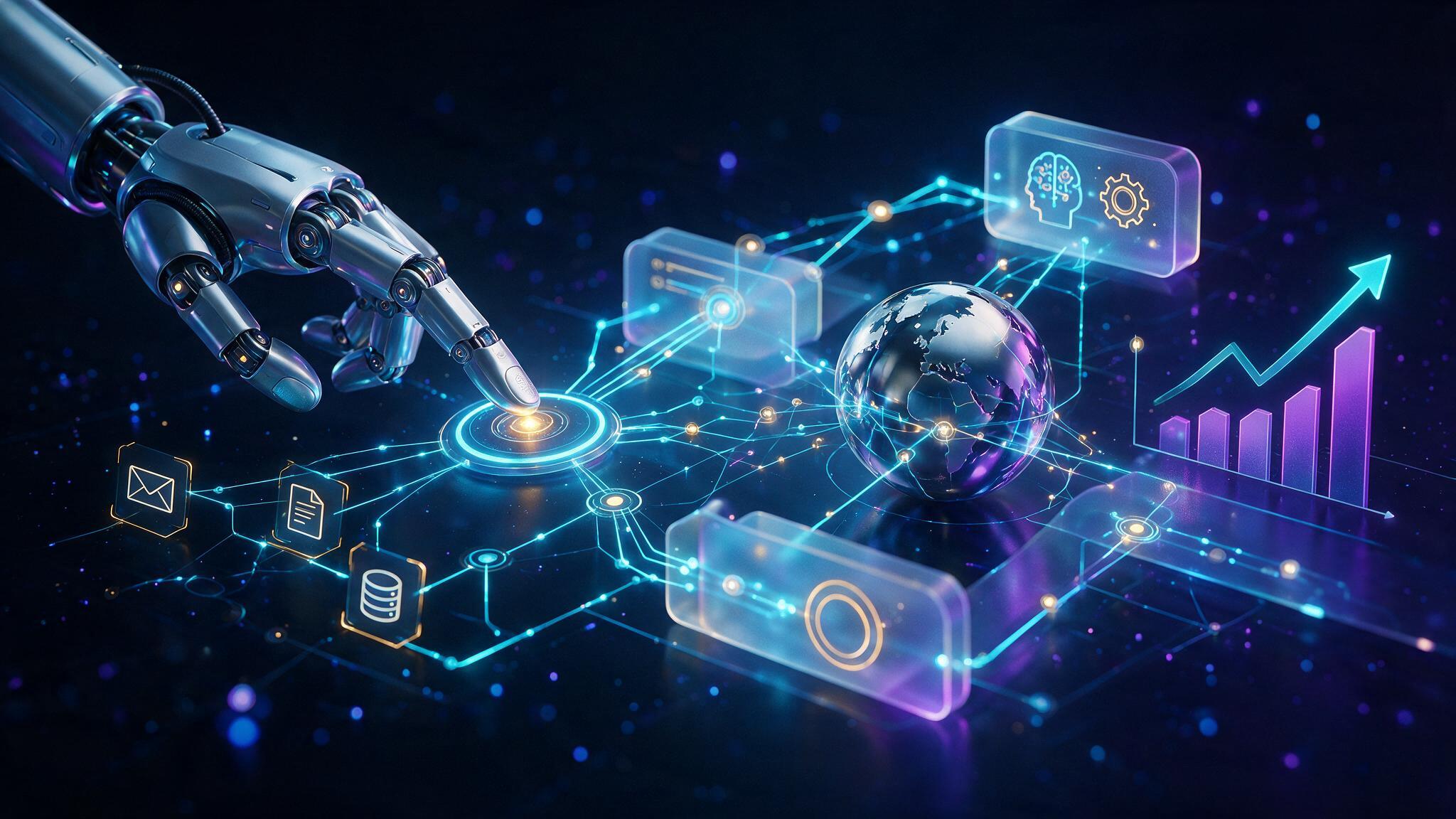 Business automation workflow with robotic hand and connected process nodes