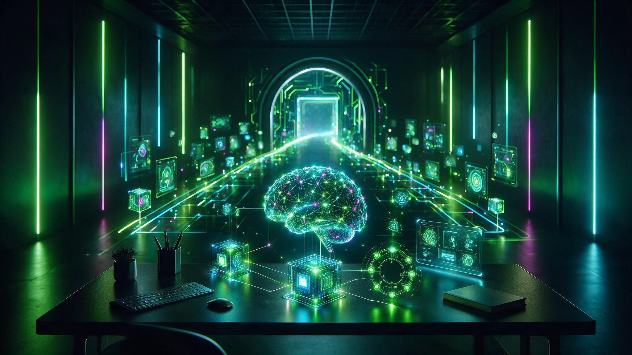 AI and technology awareness training with glowing learning lab and future workplace tools