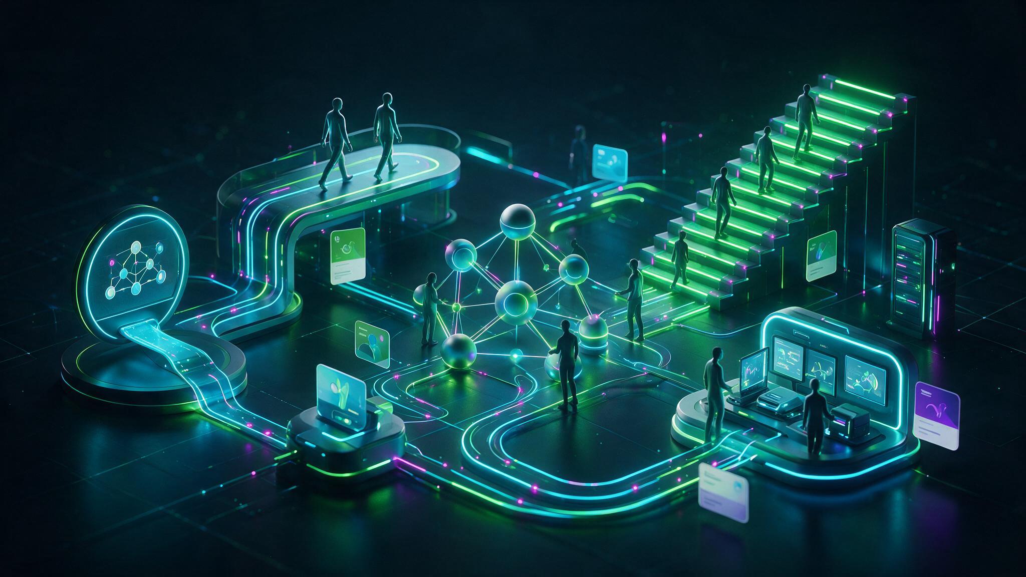 Corporate training program pathway with team learning nodes and workshop modules